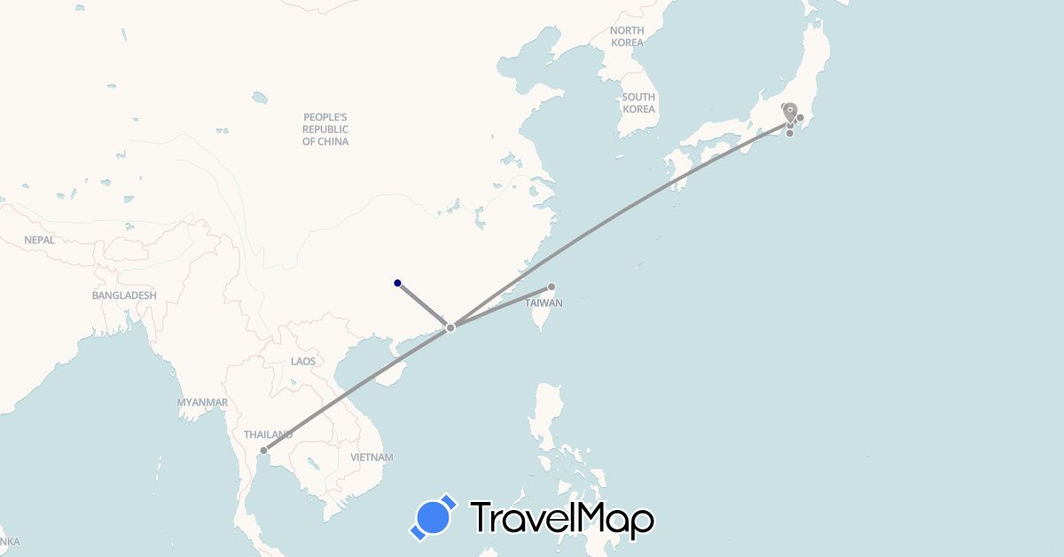 TravelMap itinerary: driving, plane in China, Japan, Thailand, Taiwan (Asia)